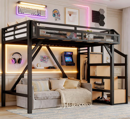 Bellemave Twin XL loft Bed with Storage Stairs, Wardrobe, Shelves, Metal Twin XL Size Loft Bed Frame for Adults, Kids, Teens, Black+Natural Wood