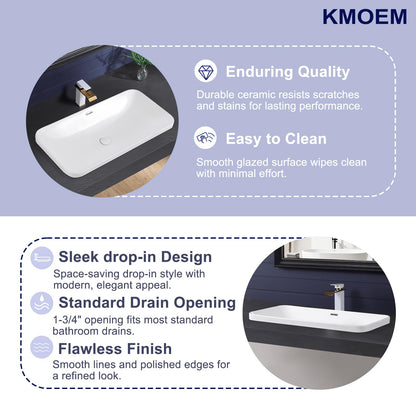 KMOEM Vessel Sink 32"x17" Semi Recessed Bathroom Sink Drop-in Bathroom Sink Support Dual Faucet Installation White Porcelain Ceramic Modern Rectangular Vanity Sinks with Overflow