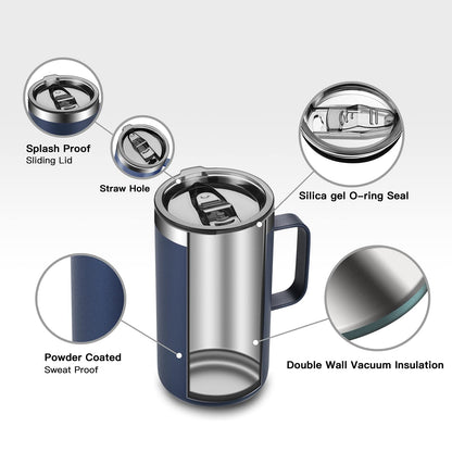 KXIAOCHEN 20oz Insulated Coffee Mug with Lid, Stainless Steel Coffee Cup, Double Wall Vacuum Coffee Tumbler with Handle, Premium Thermal Travel Coffee Mug (Navy Blue)
