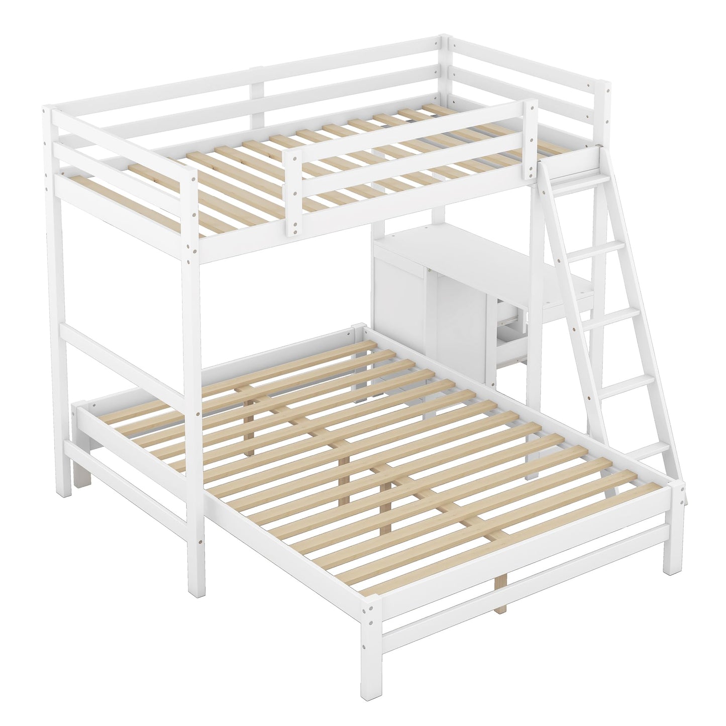 YOPTO Twin Over Full Bunk Bed with Built-in Desk and Three Drawers,Pine Wood Convertible Twin Over Full L-Shaped Loft Bunk Bed Frame for Kids Teens Adults,White