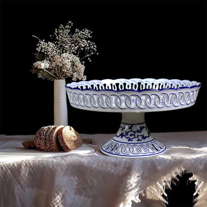 YYMayLsh Decorative Porcelain Fruit Bowl with Pedestal, Blue and White Floral Pattern, 11x5.7 inches