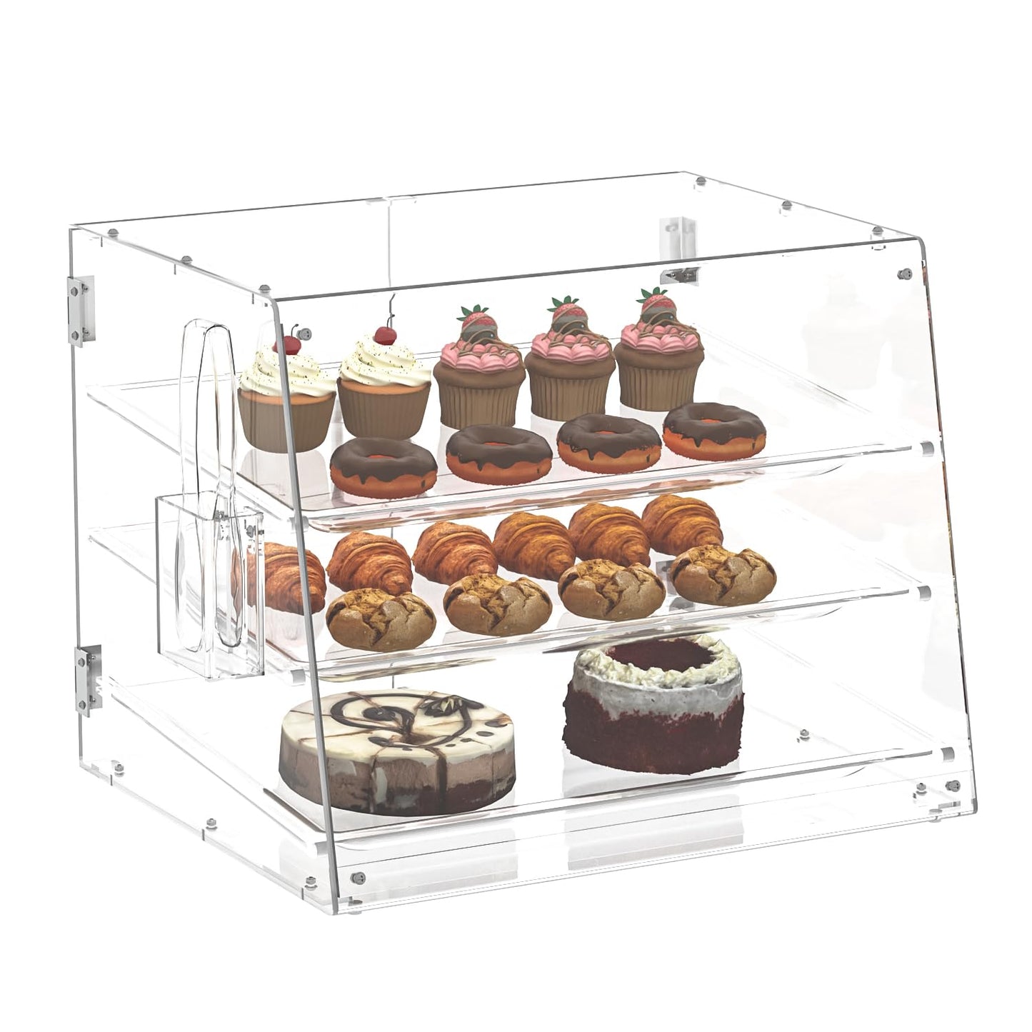 2PCS 20.9”W x 17.3”D x 16.7”H ,3-Tray Bakery Display Case, Acrylic Clear Display Case Countertop for Bread Pastry Dessert Food Cookie Display, Display Cabinet Box for Baking Enthusiasts