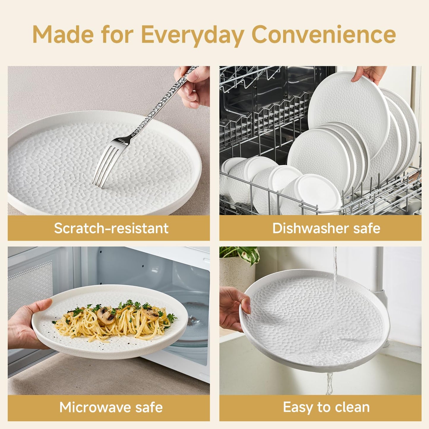 KINGSTONE Ceramic Dinnerware Set, 24-Piece Porcelain Plates and Bowls Set for 8, Matte Black or White, Hammered Texture, Microwave, Dishwasher & Oven Safe, Perfect for Home, Weddings & Gifts