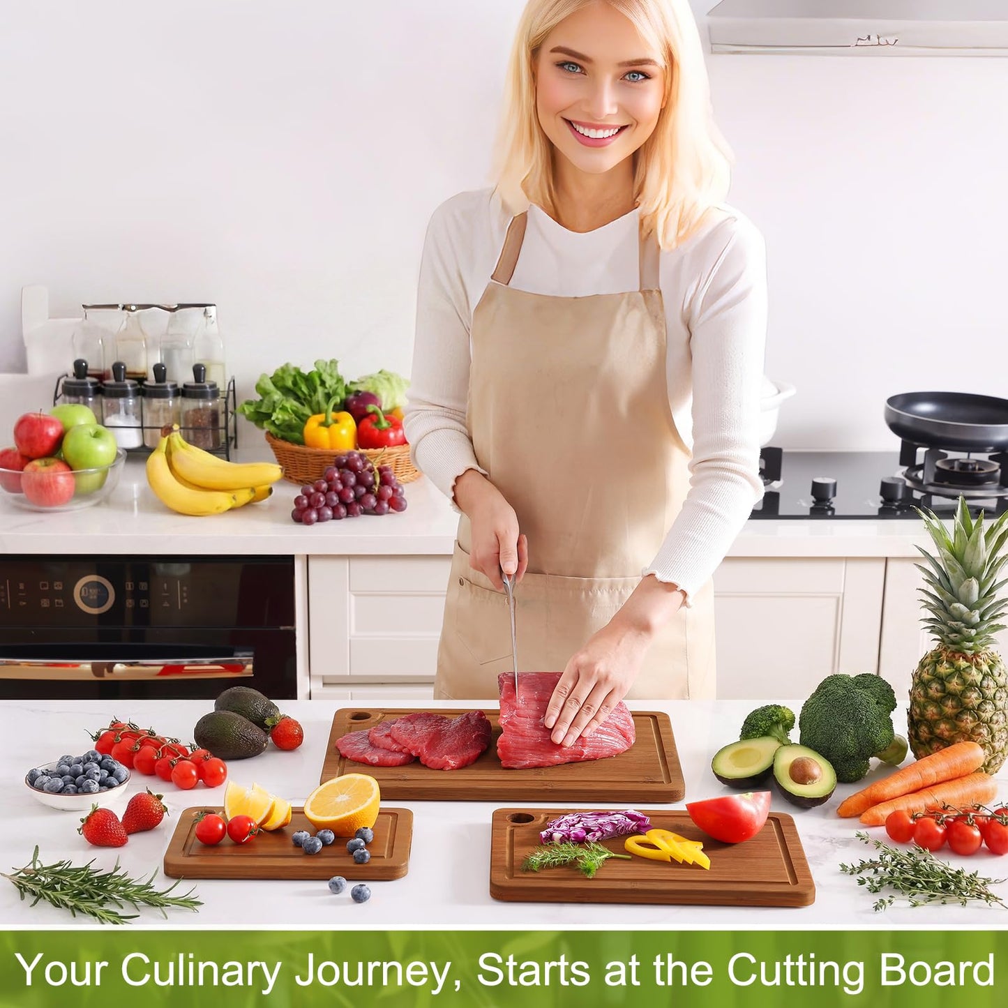 Homaxy Bamboo Cutting Board for Kitchen Set of 3, Wooden Cutting Boards with Non-Slip Mat Deep Juice Groove and Built-In Handles, Wood Chopping Board Set for Meat Fruits & Vegetables