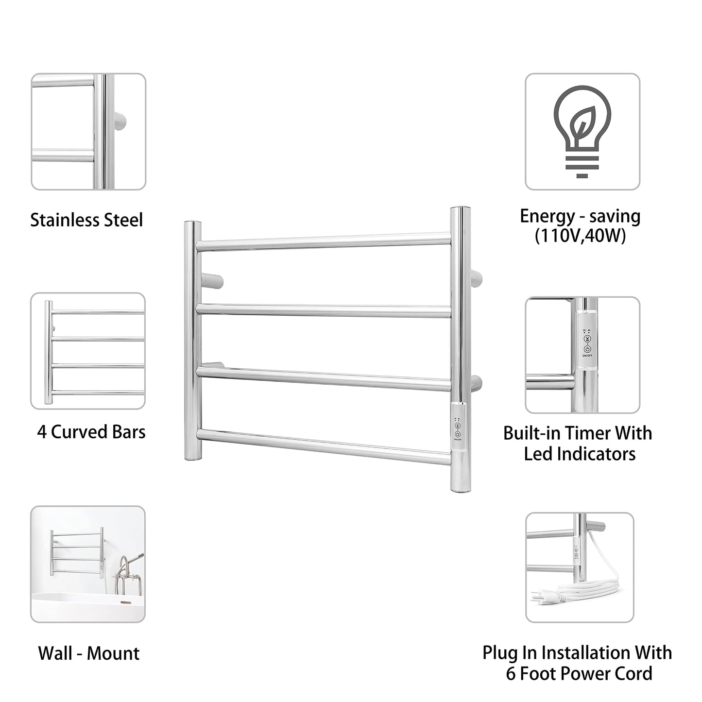 KEG Towel Warmer 8 Bars for Bathroom Freestanding or Wall Mounted Bath Towel Heater Plug-in with Built-in Timer Silver