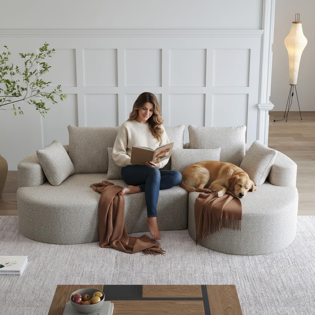 KEIKI 105" Chenille Corner Sofa with Chaise, Curved Sectional Couch, L Shaped Deep Seat Sectional Couch for Living Room, Bedroom, Beige