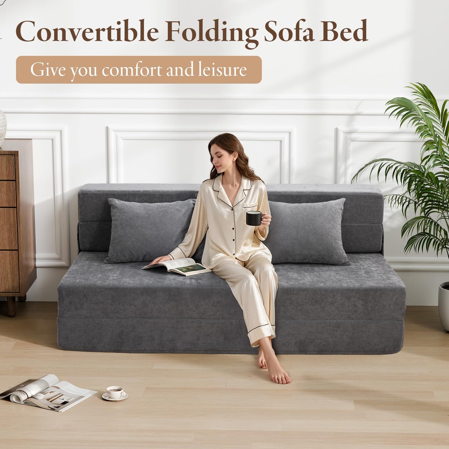 HOMFINE Folding Sofa Bed - Convertible Sleeper Chair with Pillow, Fold Out Couch, Memory Foam Floor Mattress, Futon Couch, Lazy Sofa for Living Room/Dorm/Guest Room/Home Office, Grey, Queen Size