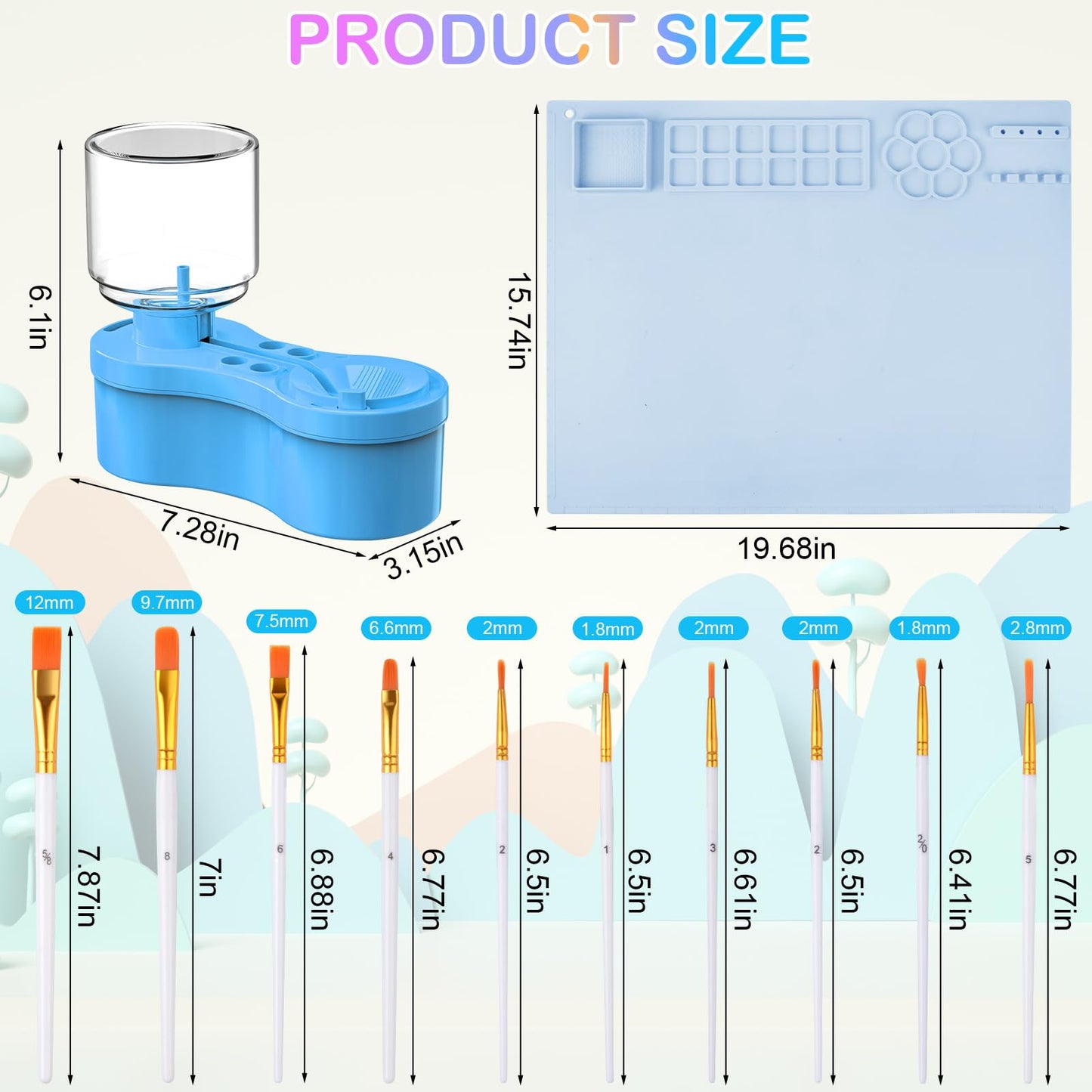 Mikiwon Painting Station, Paint Brush Cleaner and Silicone Art Mat 20"X16" with 10 Paint Brushes, Paint Brush Rinser, Art Supplies Set (Blue)