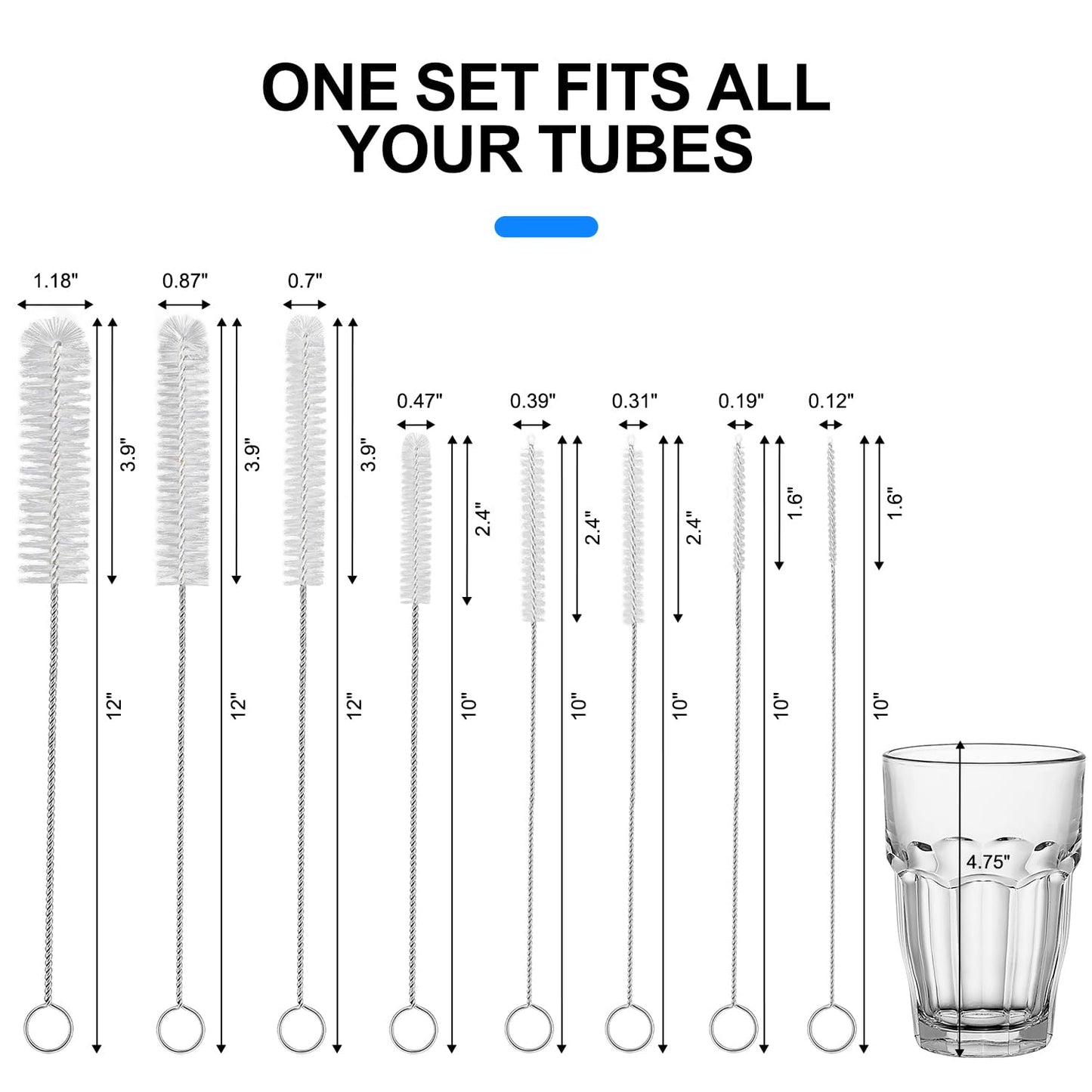 8 Pack Straw Brush Cleaner with Different Diameters (3mm-30mm) - 12" Long Nylon Brush for Water Bottles, Baby Bottles, Sippy Cups & Tumblers | Reusable Tube Cleaner for Straws and Narrow Pipes