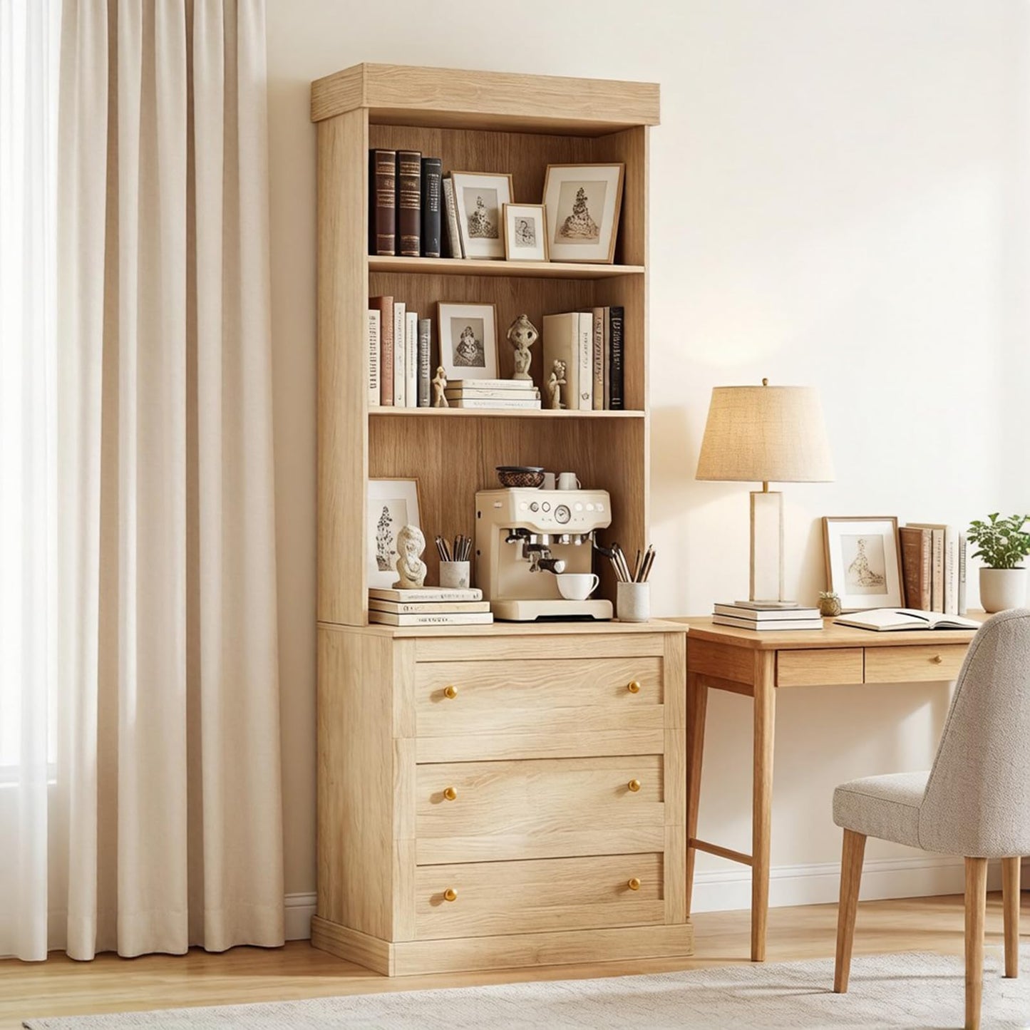 ivaniti 71" Tall Modular Farmhouse Bookcase with Drawers, Brown Wooden Storage Cabinet, Expandable Bookshelf with Adjustable Shelves for Home Office or Study Room