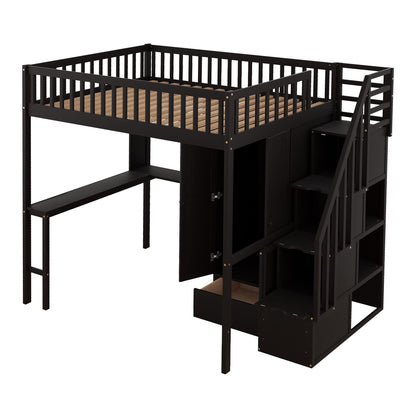 Full Size Loft Beds Stairway Loft Bed Frame with Wardrobe, Desk, Bookcase and Drawers, Espresso