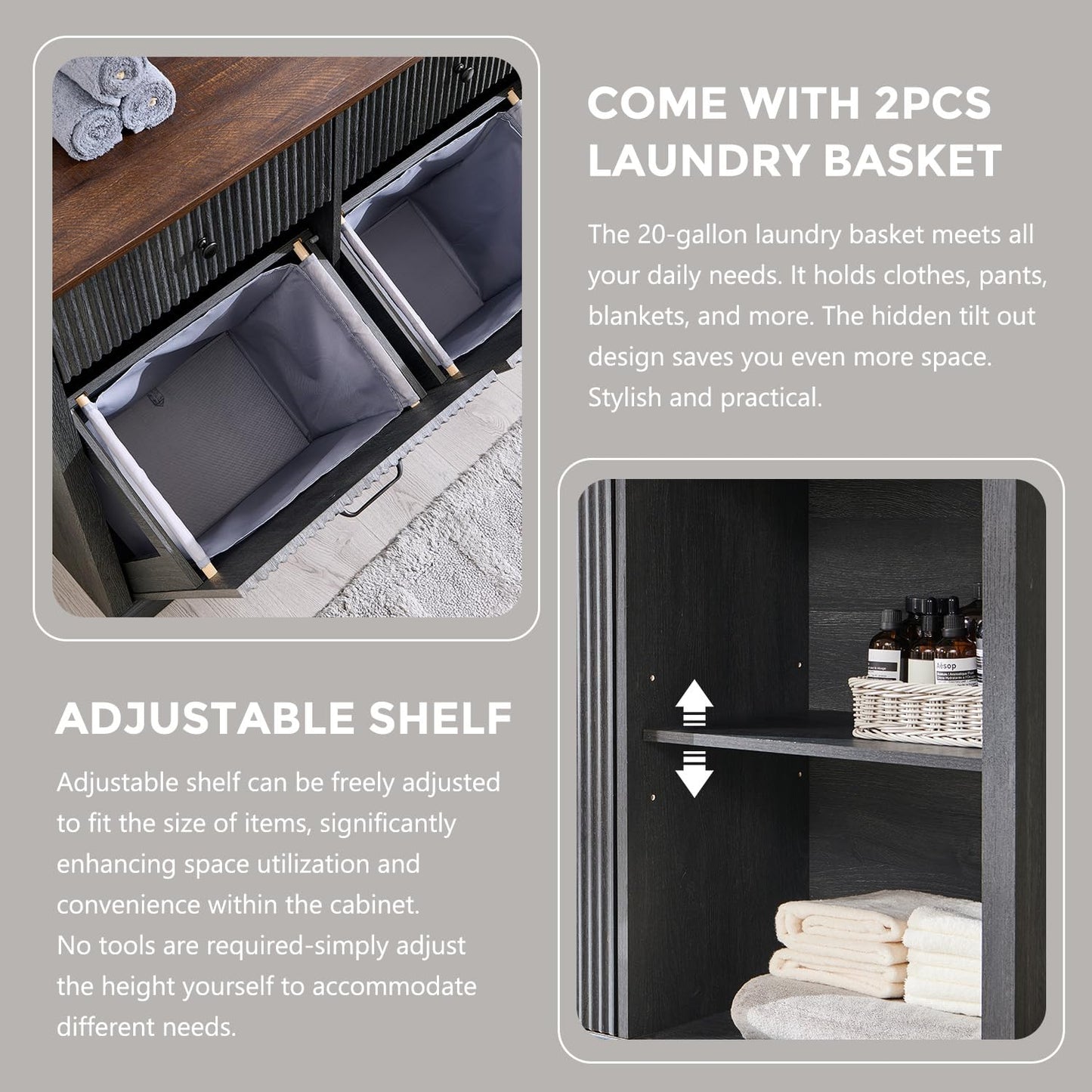 IFBUY Triple Tilt Out Laundry Hamper Cabinet, Modern Fluted Trash Can Cabinet with 3 Drawers, 20 Gallon Hidden Garbage Can Cabinets w/Laundry Basket & Adjustable shelf for Bathroom and Kitchen, Grey