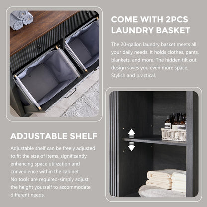 IFBUY Triple Tilt Out Laundry Hamper Cabinet, Modern Fluted Trash Can Cabinet with 3 Drawers, 20 Gallon Hidden Garbage Can Cabinets w/Laundry Basket & Adjustable shelf for Bathroom and Kitchen, Grey