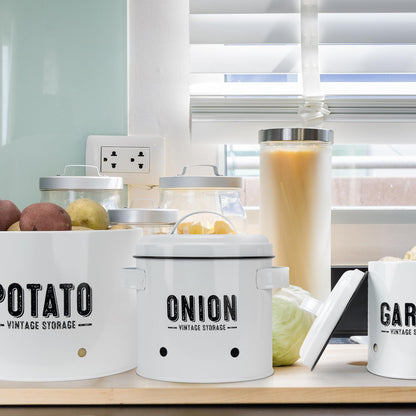 Granrosi Kitchen Vegetable Storage Set for Pantry & Countertop — Set of 3 Kitchen Containers Including Potato Bin, Onion Keeper & Garlic Storage; Rustproof Metal & Aeratic Holes; Farmhouse Style