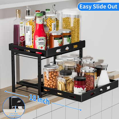 BOIVSHI Spice Organization for Cabinet, 2-Tier Cabinet Spice Rack, Height Adjustable Vertical Spice Rack Pull Out for Kitchen, Cabinet, Pantry (14.1''Wx10.8''Dx9.2''H, Metal Black)