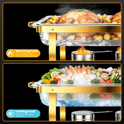 POWERFUEL Chafing Dishes for Buffet, 4 Pack 9QT Large Full Size Gold Chafing Dish Set, Rectangular Chafing Pans with 4 Gold Tongs, Stainless Steel Food Warmer for Party, Catering, Wedding