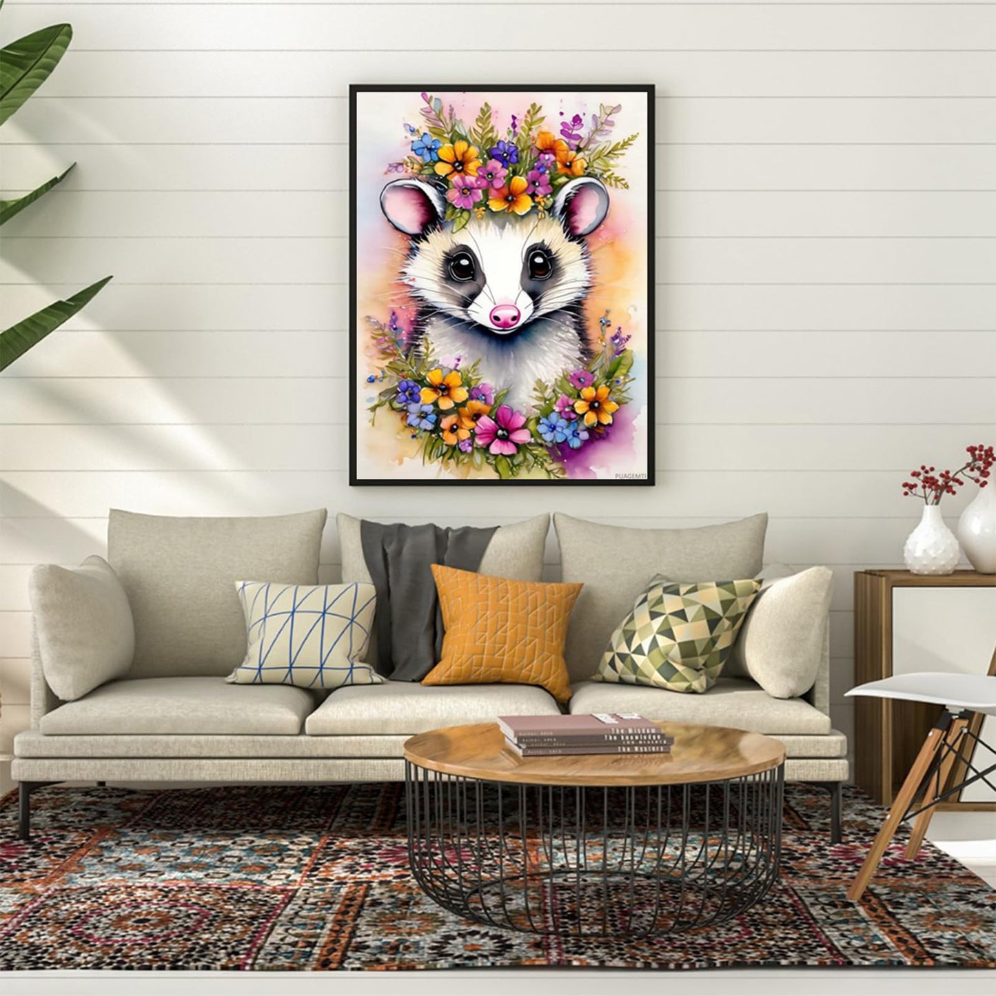 PUAGEMTI Diamond Painting Kits for Adult, DIY 5D Diamond Art Kits, Animals with Garlands Full Drill Round Crystal Virginia Opossum Diamond Dots Art Crafts for Home Wall Decor 12x16inch