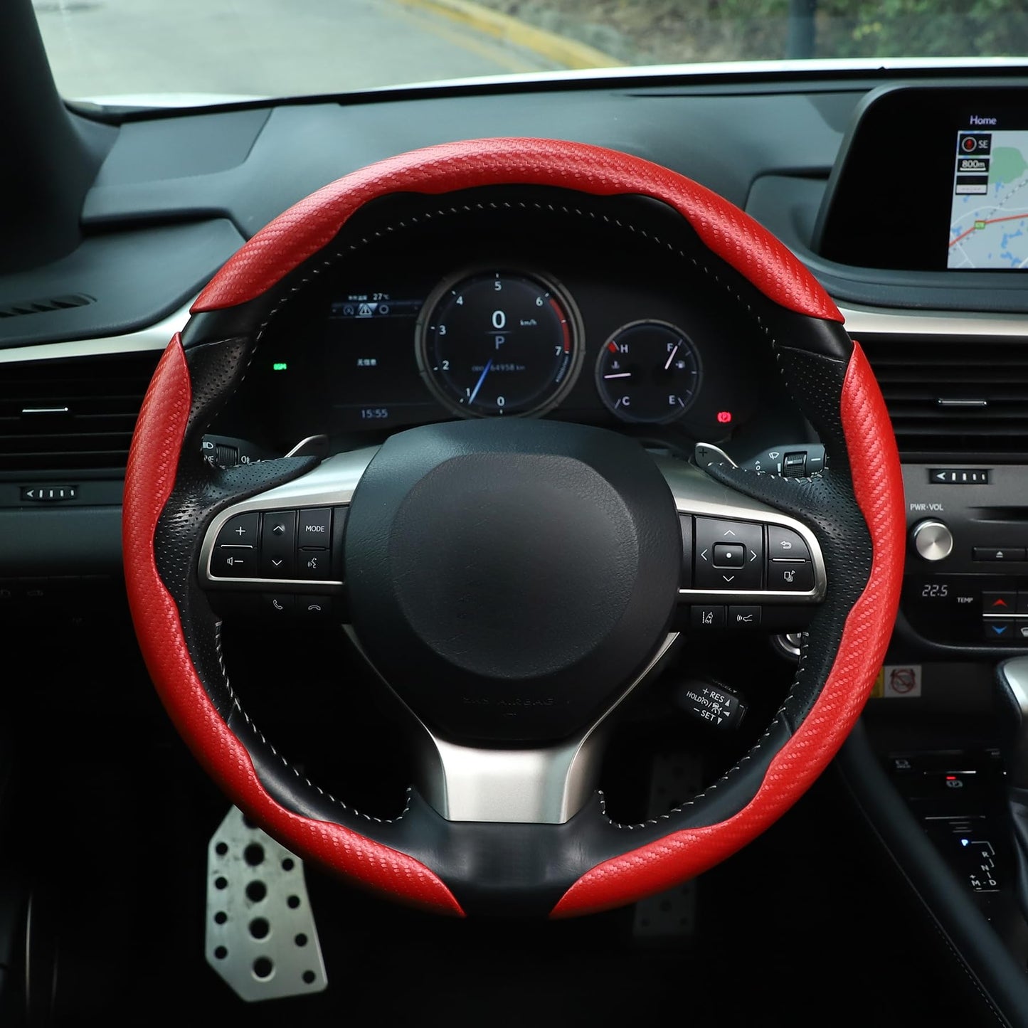 Amiss 3pcs Carbon Fiber Anti-Skid Steering Wheel Cover, Segmented & Butterfly Design, Universal 99% Car Wheel Cover Protector, Red