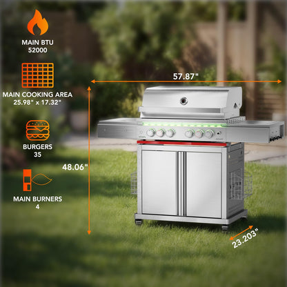 Electactic Heavy-duty Propane Gas Grill, SUS304 Stainless Steel 6-Burner BBQ Grill with 4 Main Burners, 1 Infrared Rear Burner, 1 Side Burner and LED Lights, High Performance Outdoor Grilling