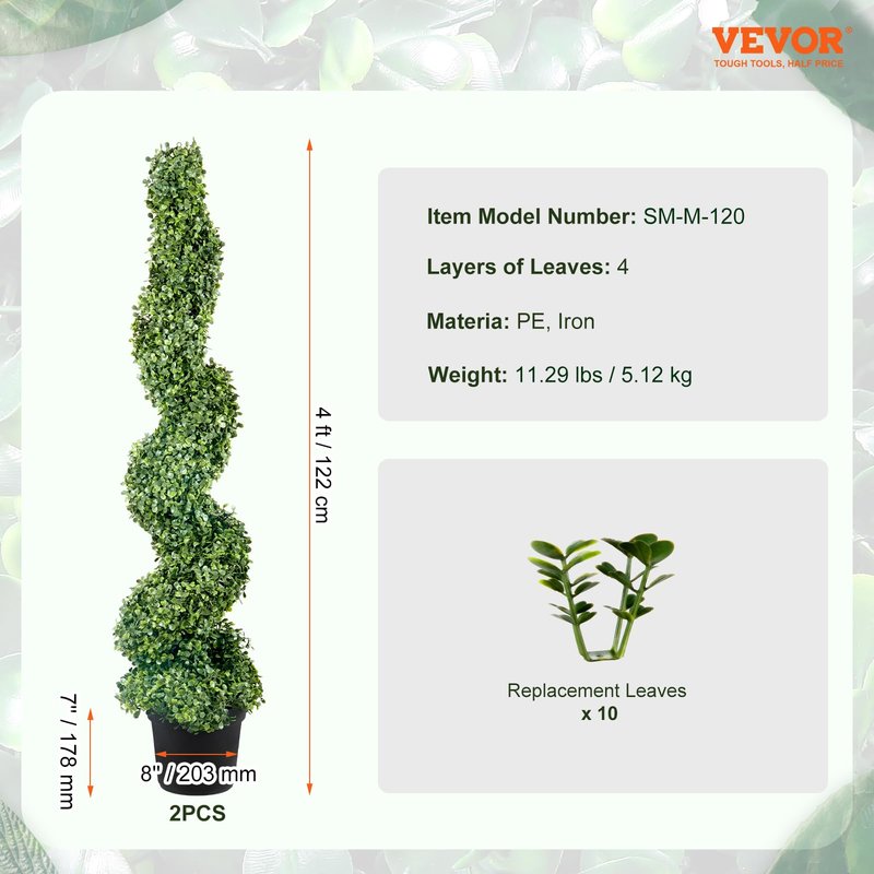 VEVOR Artificial Boxwood Spiral Topiary Trees, 4ft Tall (2 Pieces) Faux Plant Outdoor, All-Year Green Fake Plant with Replaceable Leaves for Decorative/Indoor/Porch/Garden