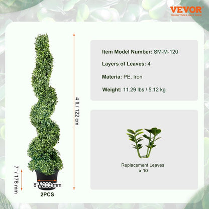 VEVOR Artificial Boxwood Spiral Topiary Trees, 4ft Tall (2 Pieces) Faux Plant Outdoor, All-Year Green Fake Plant with Replaceable Leaves for Decorative/Indoor/Porch/Garden