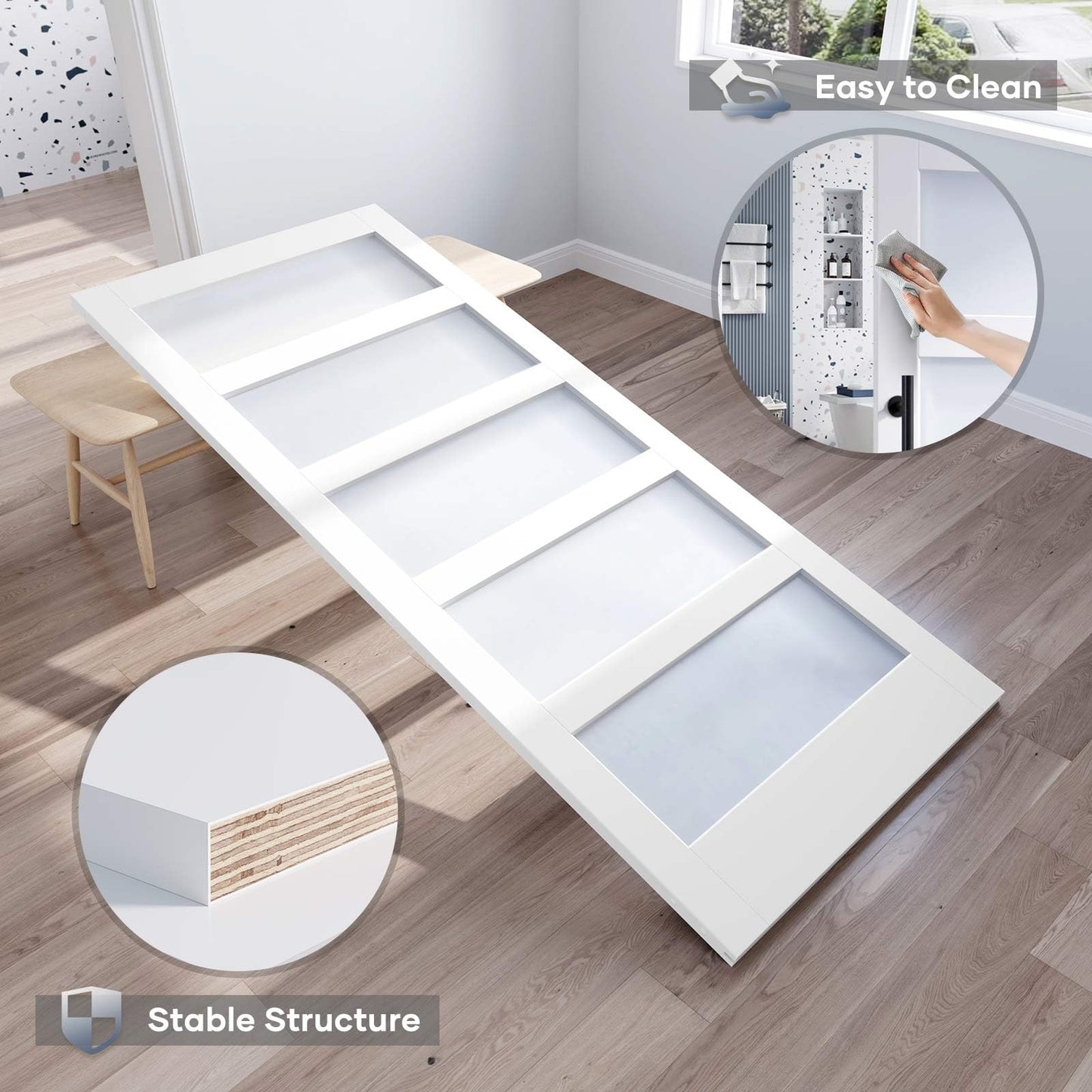 ROYMELO 36x84 Inch Glass Sliding Barn Door Slab and 6.6ft Hardware Kit Included, 5 Frosted Glass, LVL Wood Panel Covered with White Water-Proof Scratch-Proof PVC Surface, Simple DIY Assembly