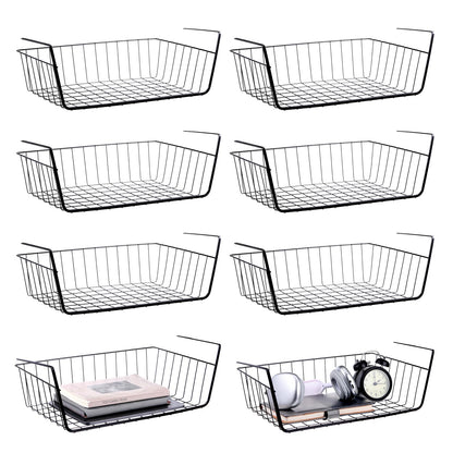 8 Pack Hanging Under Shelf Storage Basket, Steel Hanging Wire Rack Storage Baskets, Slide-in Baskets Organizer for Kitchen Cabinet Desk Organizer Storage, Space Saving, 16"D x 9"W x 5.9"H
