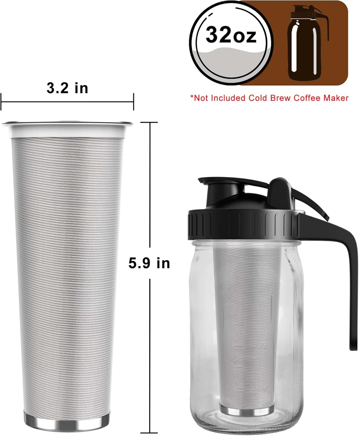 Fine Mesh Cold Brew Coffee Filter for 32oz Wide Mouth Mason Jars, 304 Stainless Steel Strainer with Seal Ring