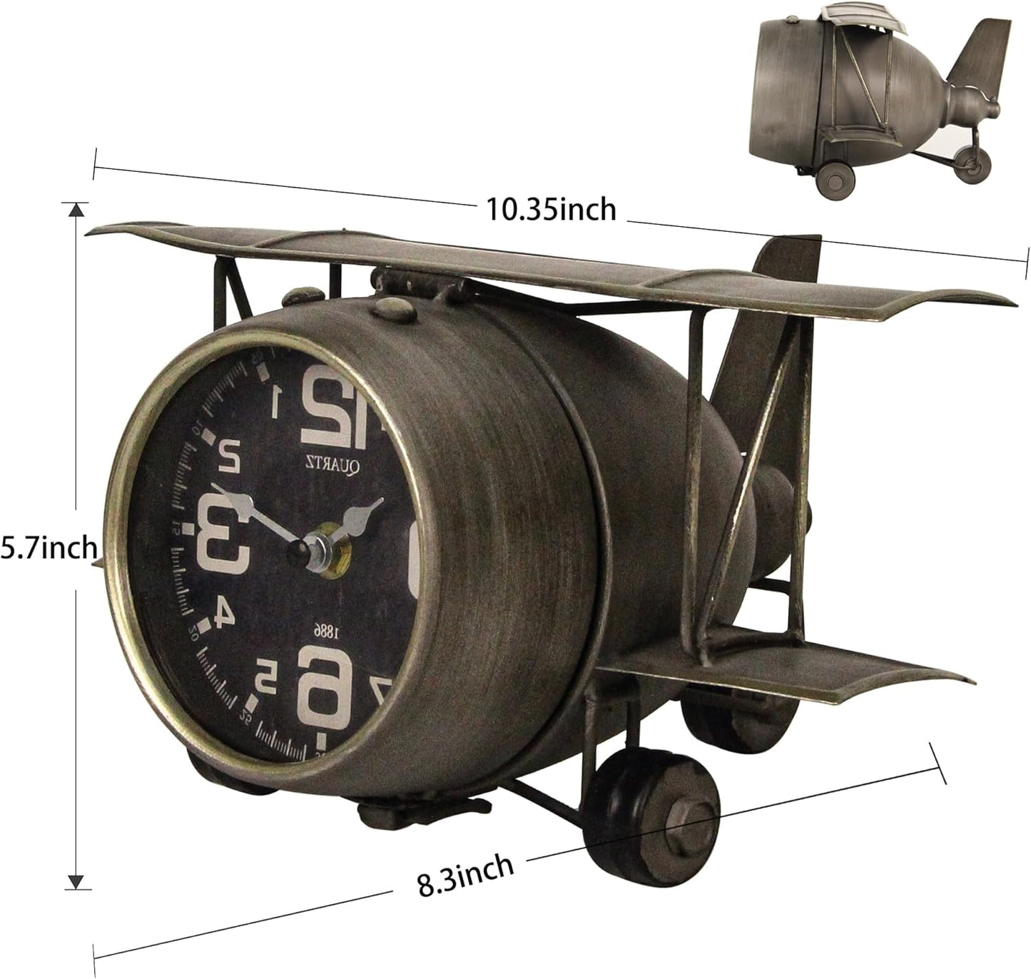 TenFuju Airplane Metal Tabletop Clock Industrial Home Decor Accents for The Mantel, Shelf, Desk, or Any Table Top