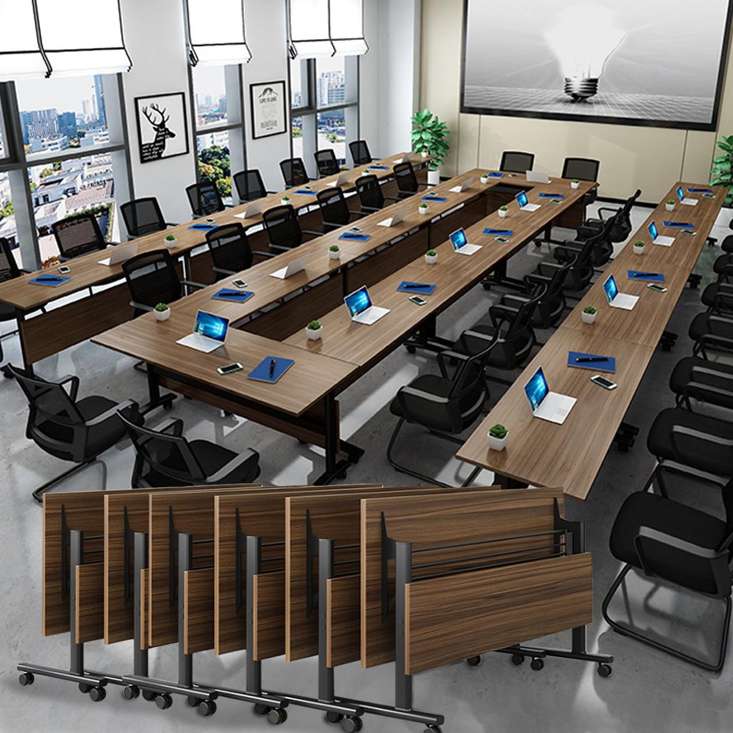 Folding Conference Tables,Flip Top Conference Room Tables,55.1 Inches Mobile Training Table with Silent Wheels,Modern Foldable Modular Boardroom Meeting Seminar Table for Office Classroom, 6 Pack