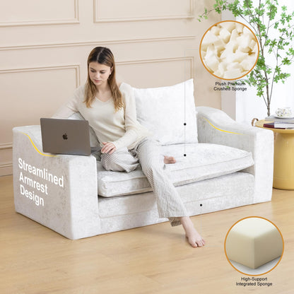 61" Convertible Sofa Bed Loveseat, Memory Foam Boneless Floor Couch with Removable Plush Velvet Cover, Tri-folding Compact Full-size Sleeper for Small Living Room, Playroom, Guest Room, RV (Off White)