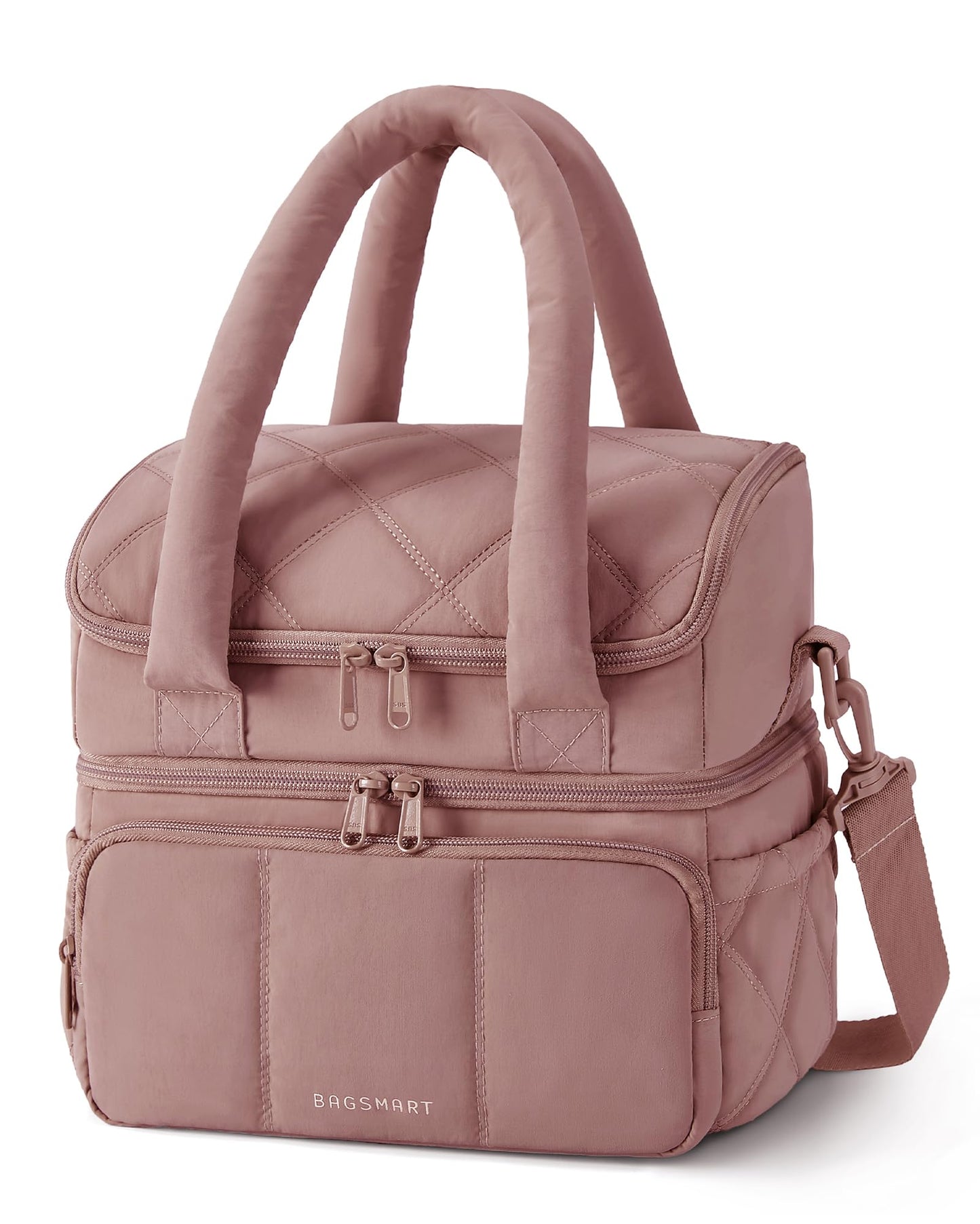 BAGSMART Lunch Bag Women, Double Deck Insulated Lunch Box, Quilted Puffer Lunch Tote, Leakproof, Durable & Reusable Large Lunch Cooler For Work Picnic Travel Meal Prep, Dark Pink