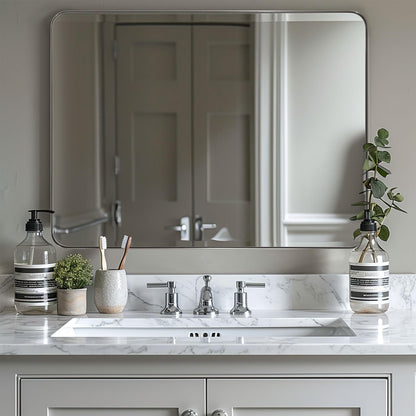 ANDY STAR 30"x48"Chrome Bathroom Mirror, Large Wall Mirror for Bathroom, Rounded Rectangle Mirror in Premium Stainless Steel Metal Frame Hangs Horizontal Or Vertical