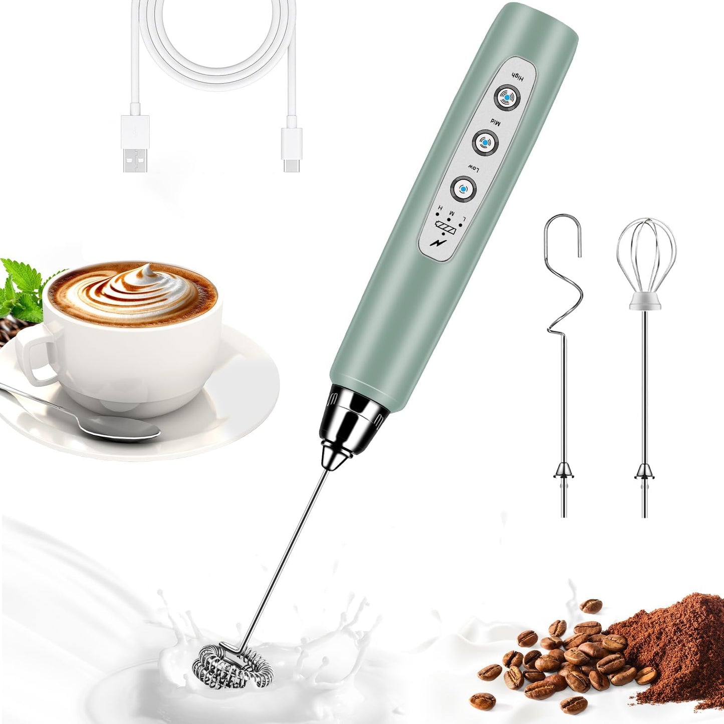 Milk Frother Handheld for Coffee, Electric Whisk 3 Speed Adjustable, Drink Mixer with Stainless 3 Whisks, Rechargeable Hand Frother Wand, Foam Maker for Latte Cappuccino Matcha Egg Silver