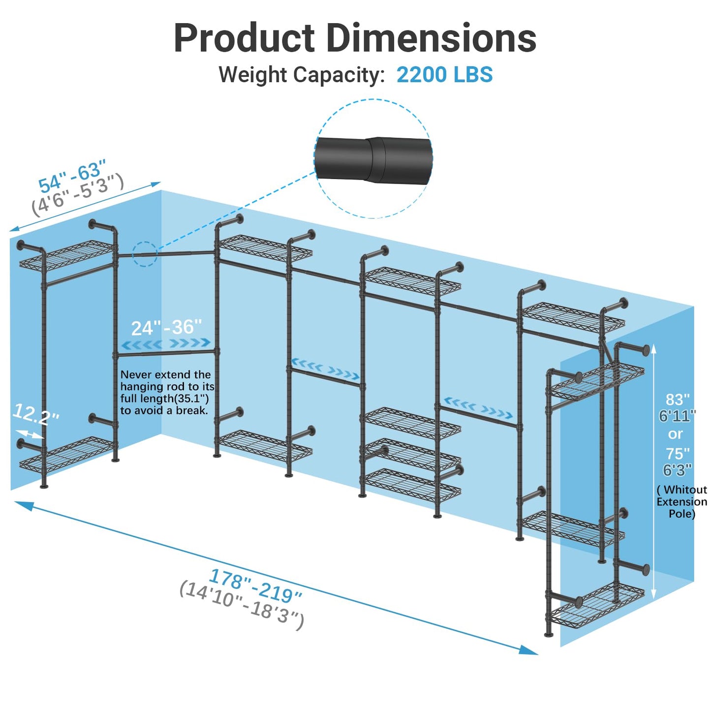 Timate U4 U Shape Garment Rack Heavy Duty Clothes Rack for Hanging Clothes, Expandable Industrial Pipe Clothing Rack Wall Mounted Closet Extra Large Closet Rack Walk in Closet System, Closet Kit Black