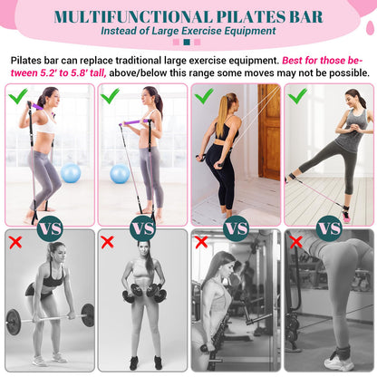 Pilates Bar Kit with Resistance Bands, Multifunctional Yoga Pilates Bar with Heavy-Duty Metal Adjustment Buckle, Portable Home Gym Pilates Resistance Bar Kit for Women Full Body Workouts