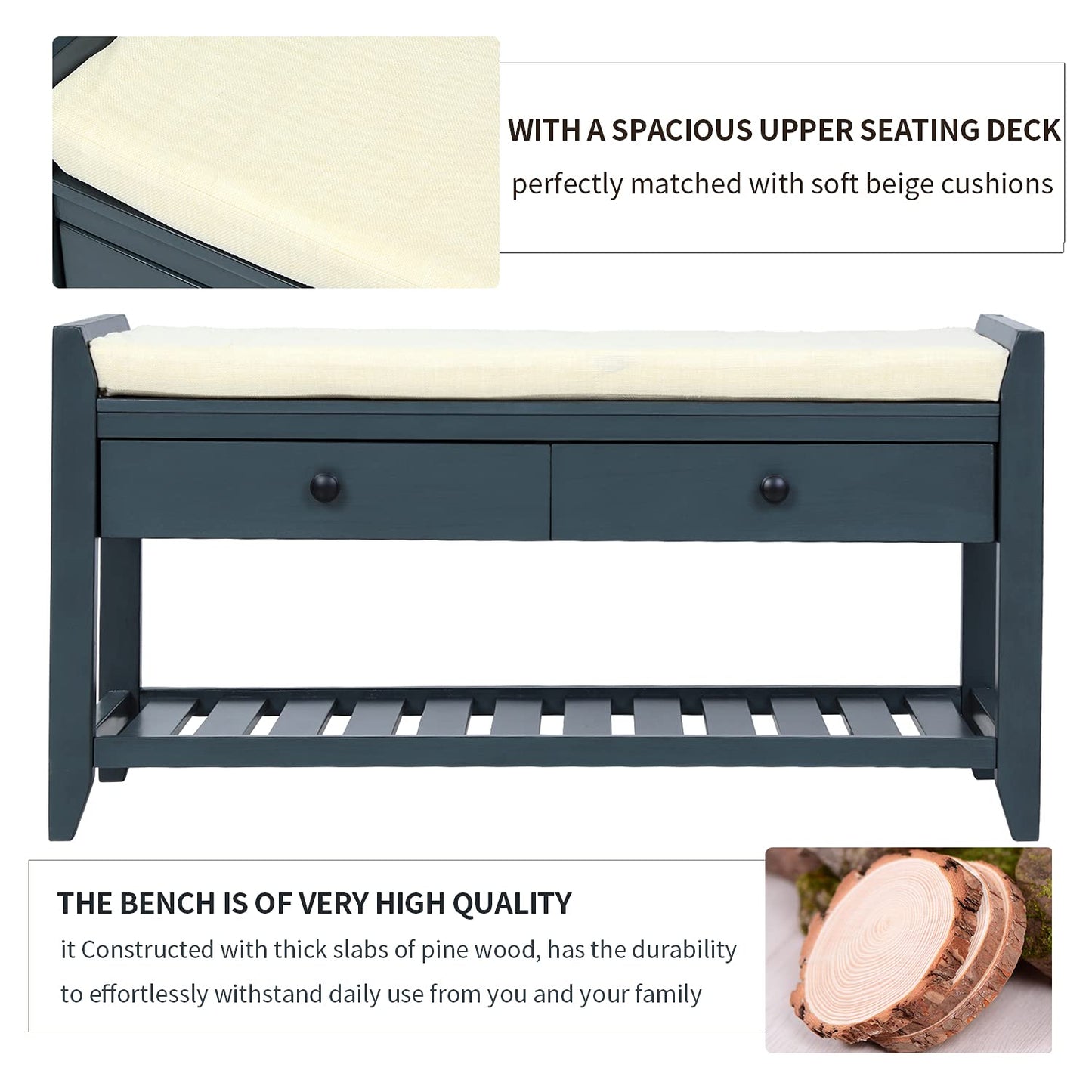 Acosure 42″ Storage Bench with 2 Drawers and 2 Cabinets，Multipurpose Entryway Shoe Rack W/Removable Cushion，for Living Room Hallway Porch,White