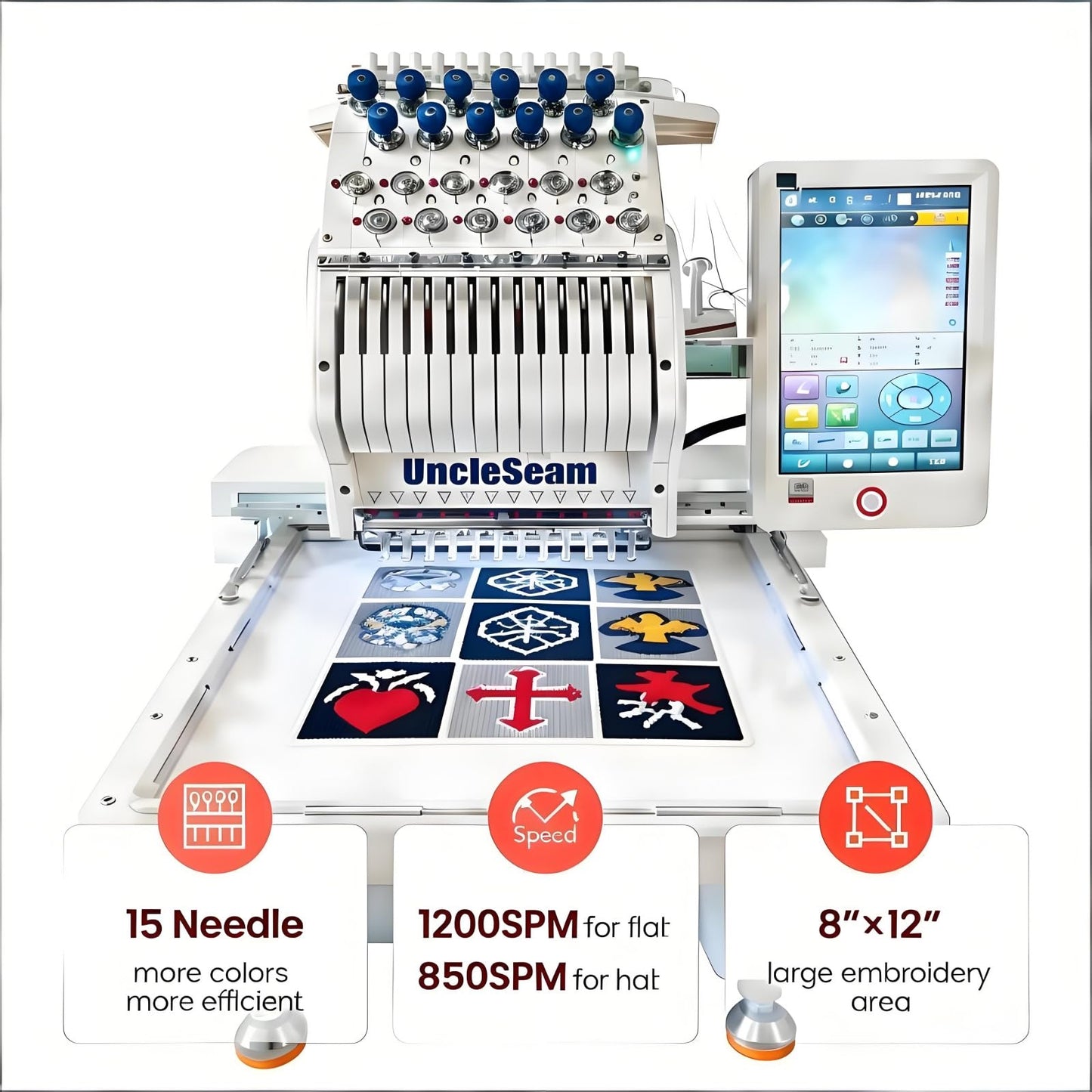 UncleSeam 15-Needle Commercial Embroidery Machine, 12"x 8" Embroidery Area, Easy to Use for Flat Embroidery, Hats, T-Shirts, Auto Color Change & Trim, Supports WiFi/USB Transfer (15-Needle with Stand)