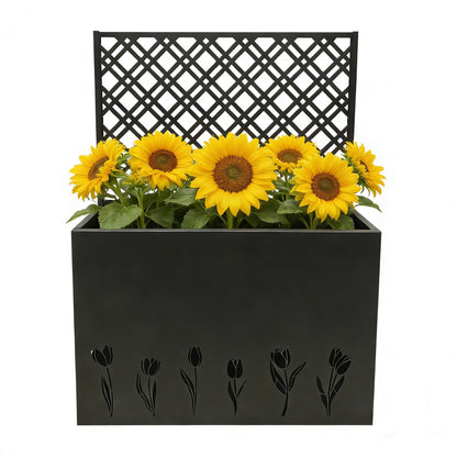 Amacv Tall Metal Planter Raised Garden Bed with Trellis 35.5in L x 11.9in W x 47.3in H - Large Flower Box Privacy Screen for Porch, Patio, Garden, Commercial Décor, Tulip Black