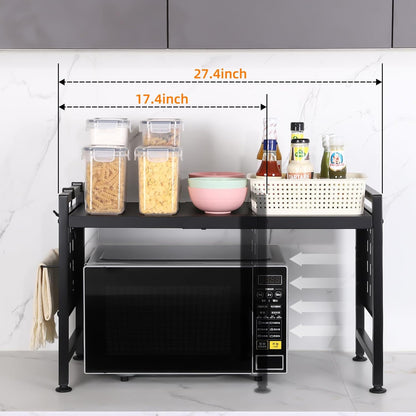 Extendable 2 Tier Microwave Oven Rack - Adjustable Shelf for Kitchen Countertop with 4 Hooks and Pot Lid Support