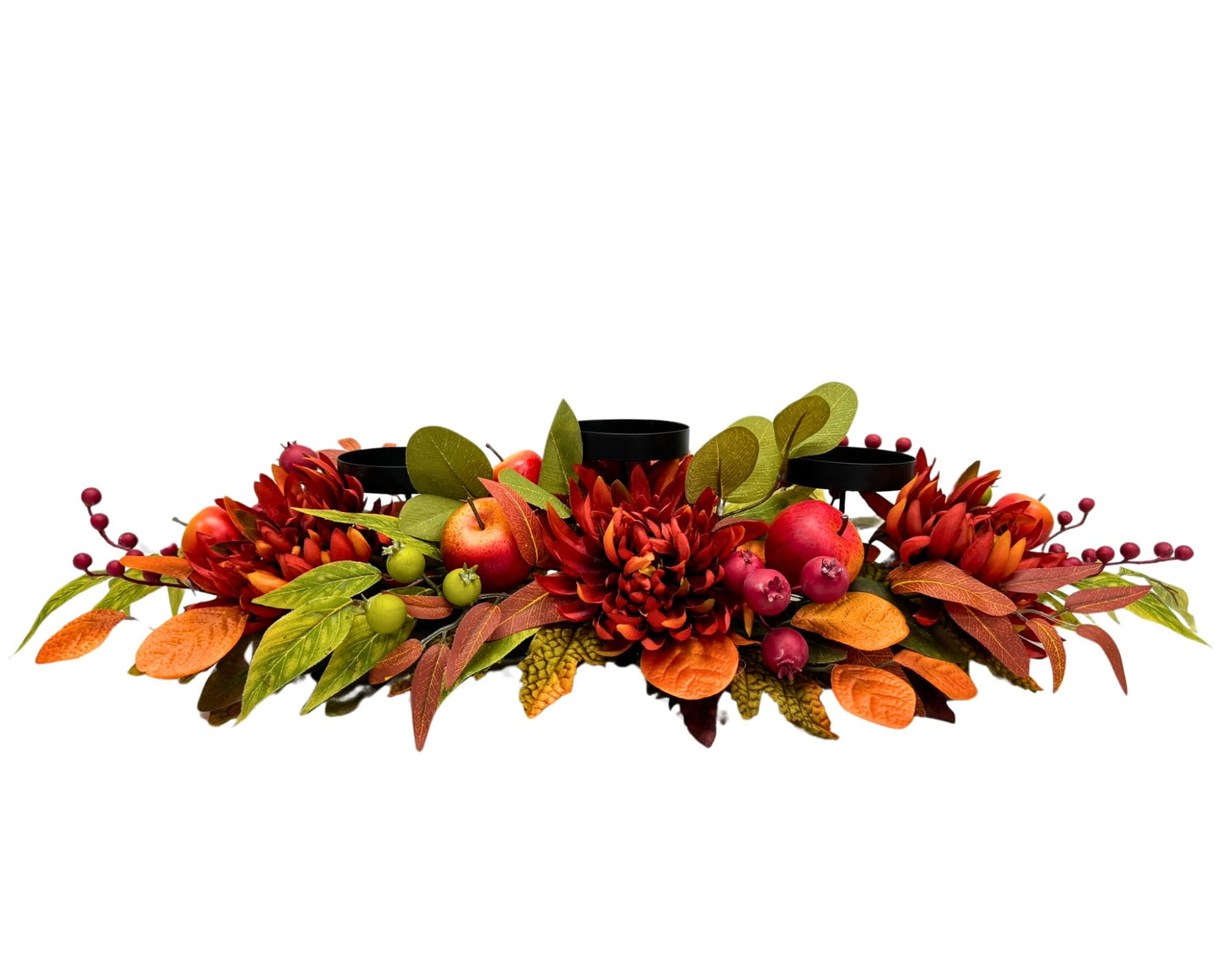 Svndlyn Fall Thanksgiving 3 Candle Holders Centerpiece Harvest Table Centerpiece Decor with Red Chrysanthemum Berries Apple Pomegranate Maple and Eucalyptus Leaves for Thanksgiving Autumn Harvest