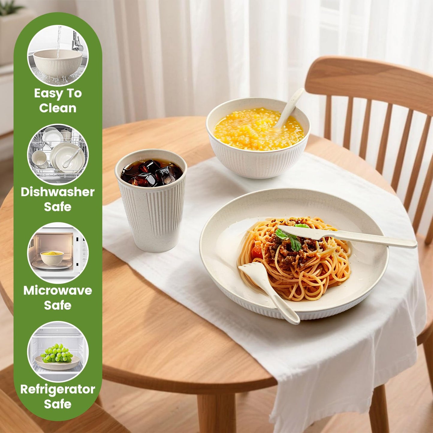 36-Piece Reusable Wheat Straw Dinnerware Sets for 6, Farielyn-X Unbreakable Reusable Set Kitchen Cups, Plates, Bowls Sets & Cultery Dishwasher Microwave Safe - Patio, Outdoors, RV, Camping Dishes