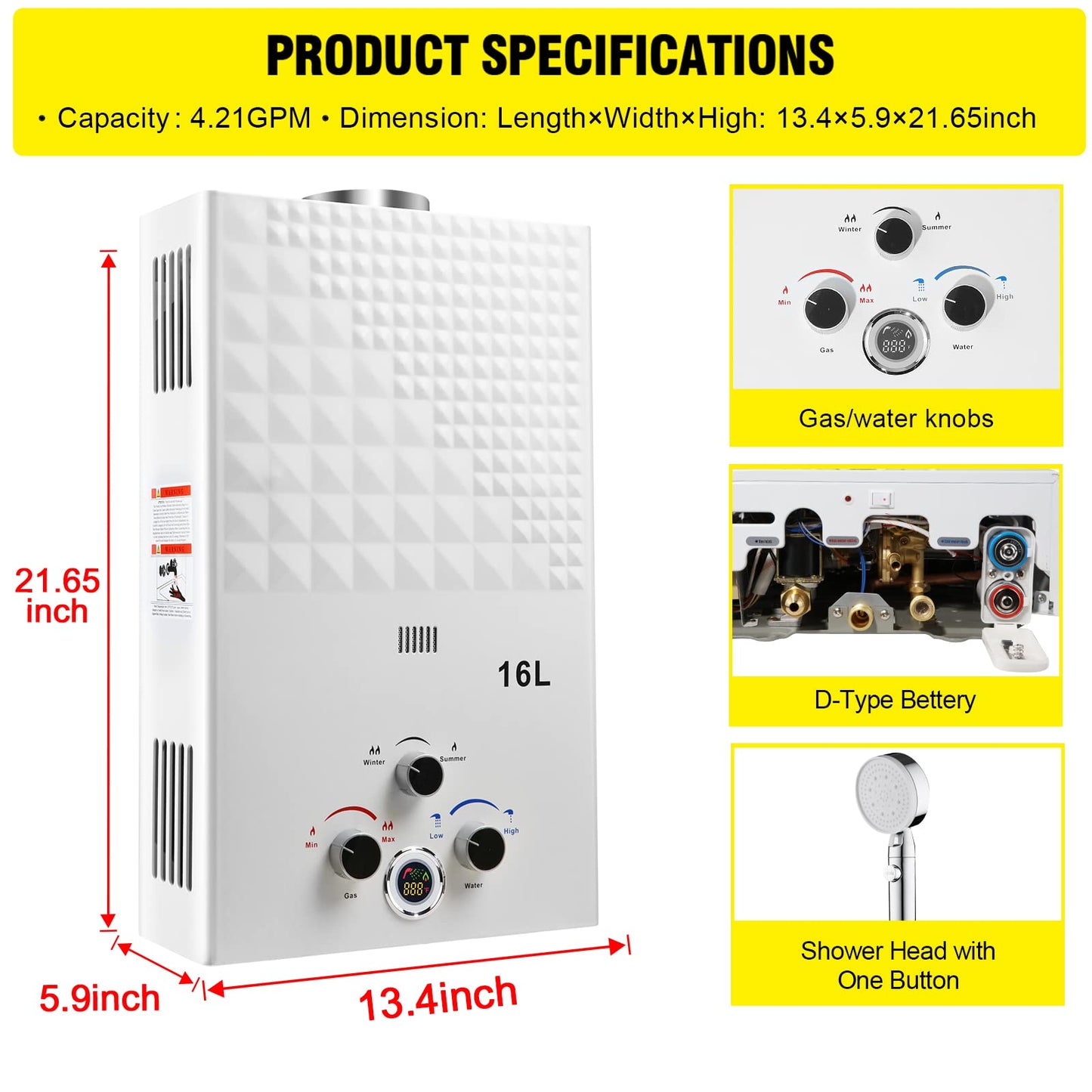Tankless Water Heater Propane 4.21GPM 16L Outdoor Portable GasHot Water Heater Instant Propane Water Heater with Digital Display Multi-Protection for Camping Trips Boat Cabins