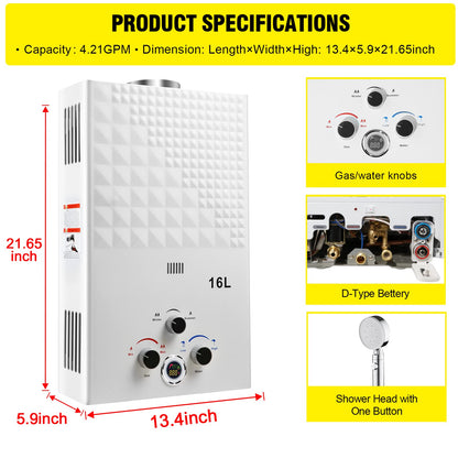 Tankless Water Heater Propane 4.21GPM 16L Outdoor Portable GasHot Water Heater Instant Propane Water Heater with Digital Display Multi-Protection for Camping Trips Boat Cabins