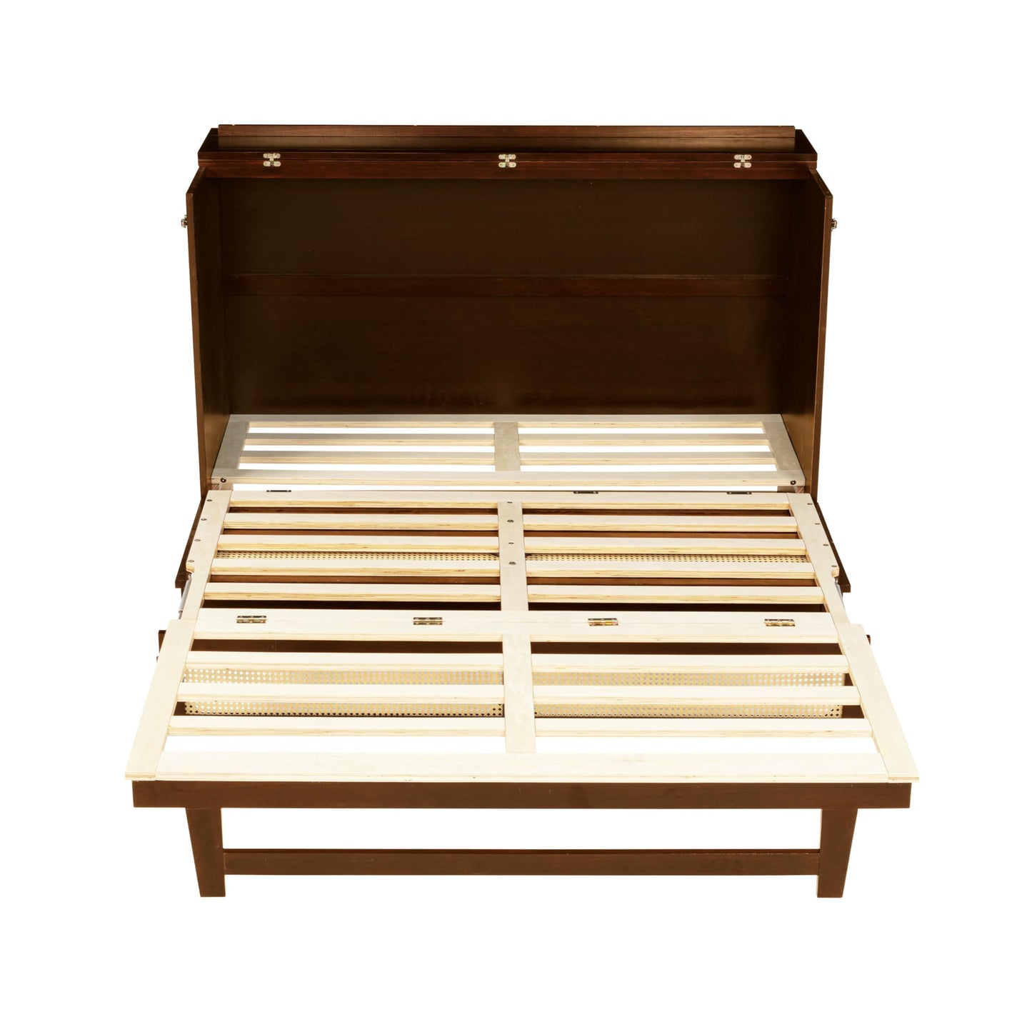 Queen Size Murphy Bed Cabinet with Rattan Panel,Pine Wood Cabinet Bed with Storage Drawer,Space-Saving Foldable Beds with Integrated Platform,Convertible Guest Beds for Bedroom Living Room,Walnut