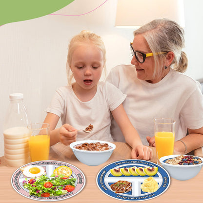 Viynran 4 Pcs Portion Control Plates & Bowls Set (2 Plates + 2 Bowls, 9 Inch) - Self-Measuring for Weight Loss, Gastric Bypass, LapBand, Diabetes & Healthy Diets, Pink & Blue, for Adults & Children