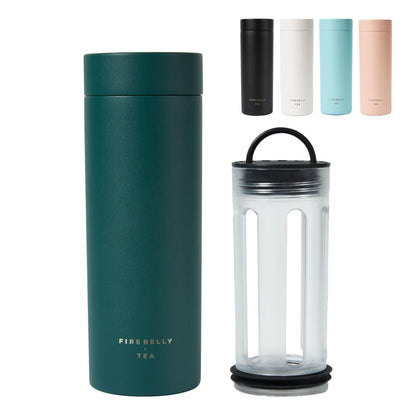 Firebelly Tea, Travel Tea Infuser Mug with Strainer, Insulated Tumbler for Loose Leaf Tea or Coffee, Leakproof Bottle for Hot or Iced Drinks, Stainless Steel Thermos with Lid, Forest
