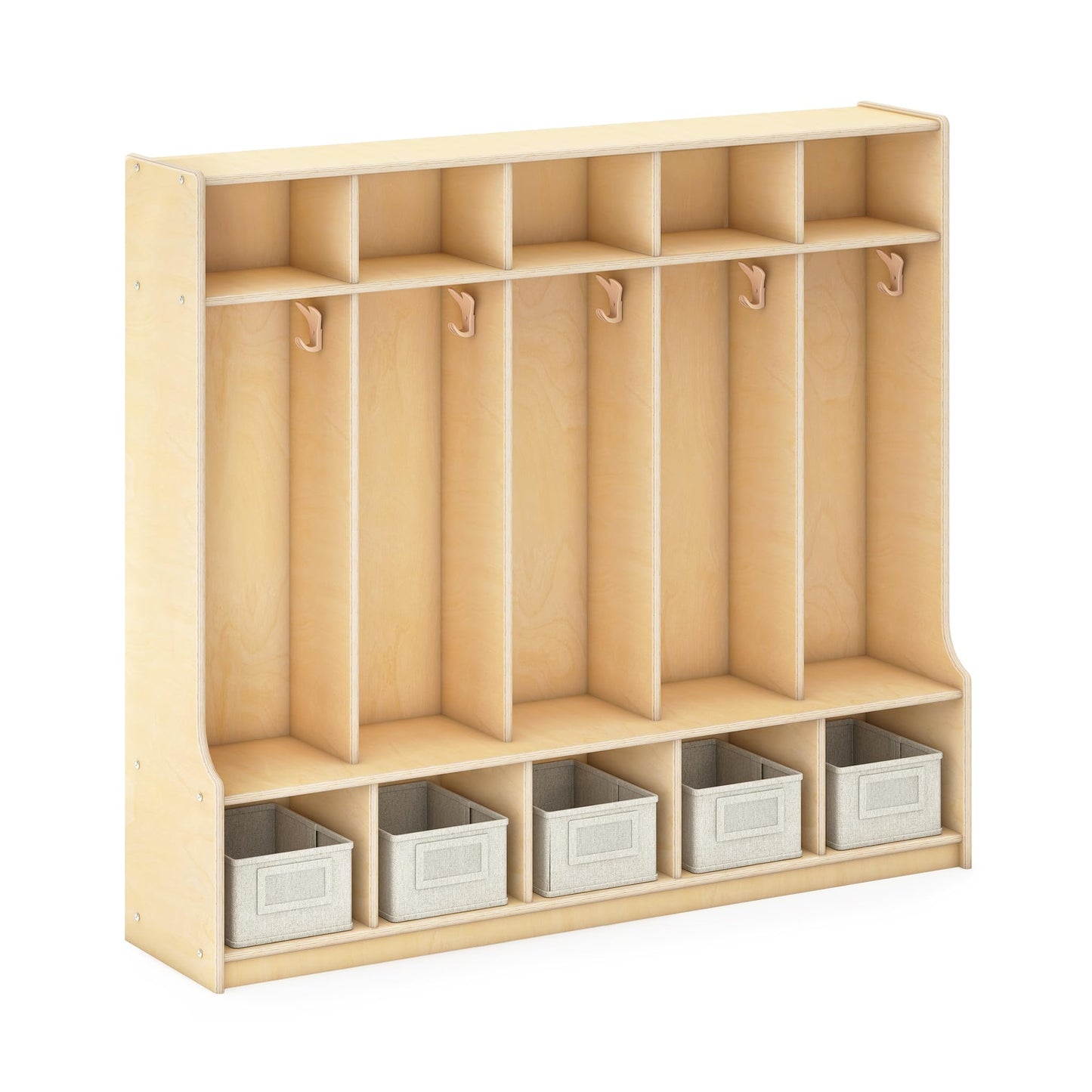 Guidecraft EdQ 5-Section Wooden Storage Locker with Bench Seat for Classroom, Kids Cubby Organizer with Shelves and Hooks for Coats, Divided Playroom Storage with Bins