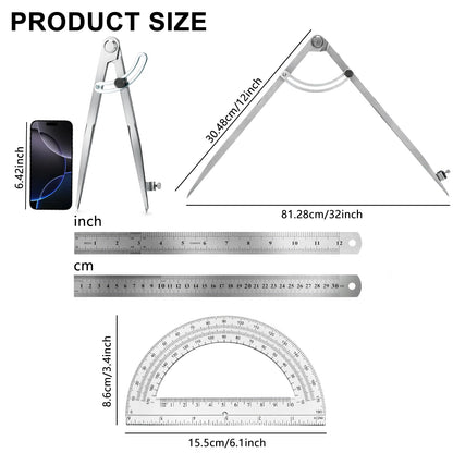 MVRPOWER Compass Geometry Tool, Drawing Compass, Professional 12 Inch Large Compass with Wing for Woodworking, 6 Inch Protractor, 12 Inch Ruler for Carpenter, Drafting