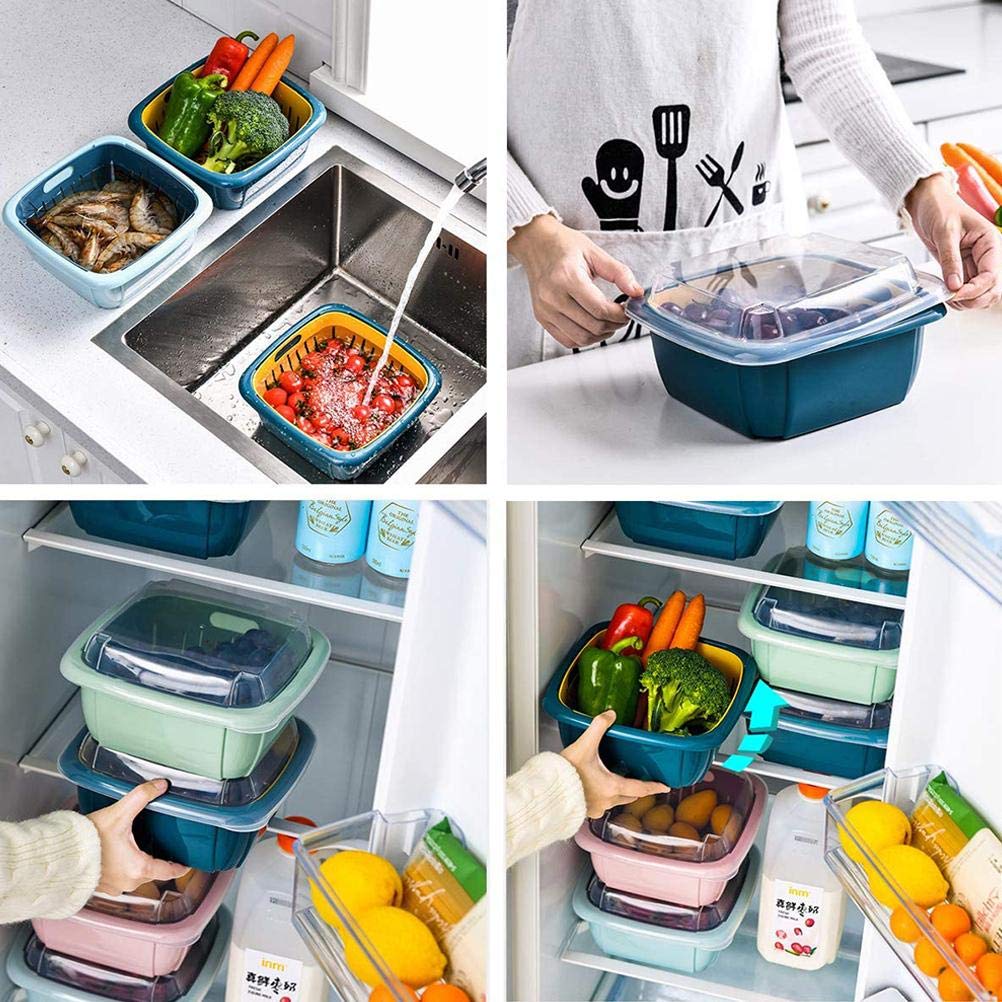 Colander Set with Strainer Bowl, Kitchen Colander with Lid Household Double Layer Fruit Washing Basket Multifunction Storage Containers for Fruits Vegetable (Blue)